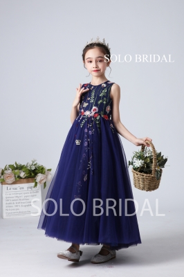 Royal blue embroidery flower girl dress slt001